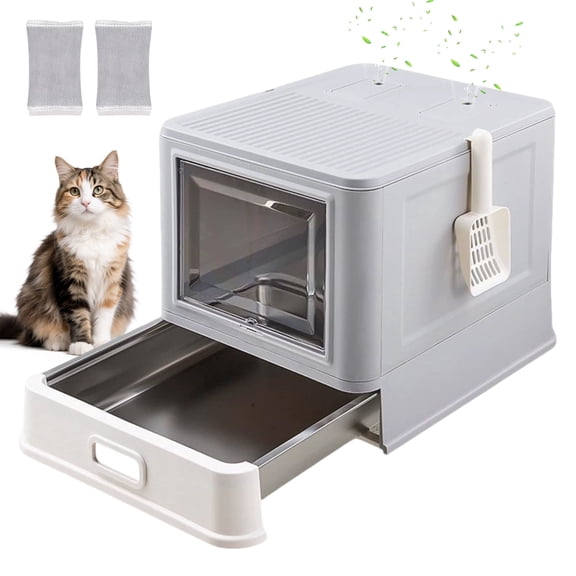 iFaveorr Enclosed Stainless Steel Cat Litter Box with Lid & Drawer Design for Indoor All Lifestyles Cats, Metal Covered Cat Litter Box, Baffles for Anti-Leakag, with Litter Scoop & Litter Mat