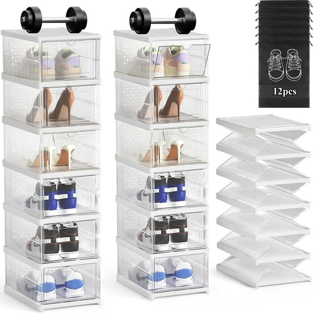 6 Niveles Zapatera Organizador,Zapatos de Almacenamiento Plegables,Caja de Zapatos de Plástico con Tapa,Zapatera Apilable,Adecuado para Sala de Estar, Armario, Dormitorio