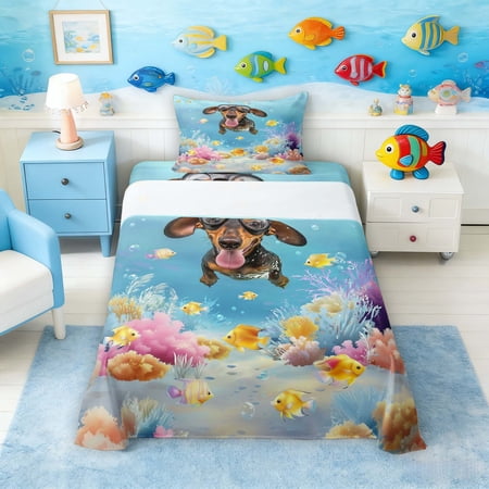 Manfei Cartoon Diving Dachshund Twin Sheet Sets for Kids Boys and Girls Underwater Coral Fish Bedding 3pcs 1 Flat Sheet 1 Fitted Sheet and 1 Pillowcase