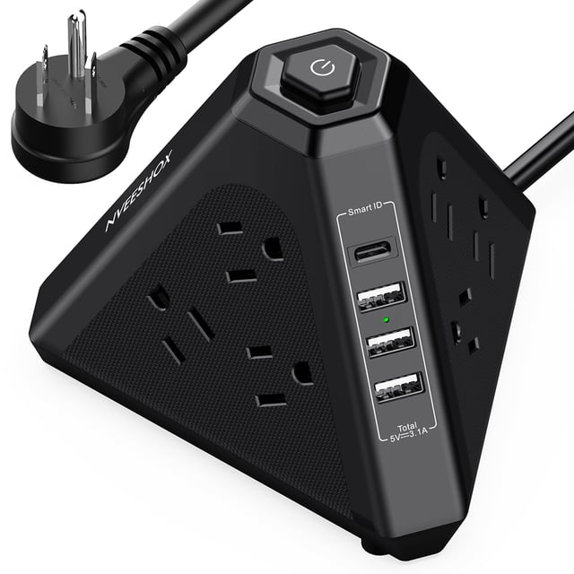NVEESHOX Regleta Multicontacto, Extension en Torre Triángulo con 9 Enchufes de CA 3 USB y 1 USB-C, Torre multicontacto contra Protector de Sobretensión, Extension Electrica de 2M