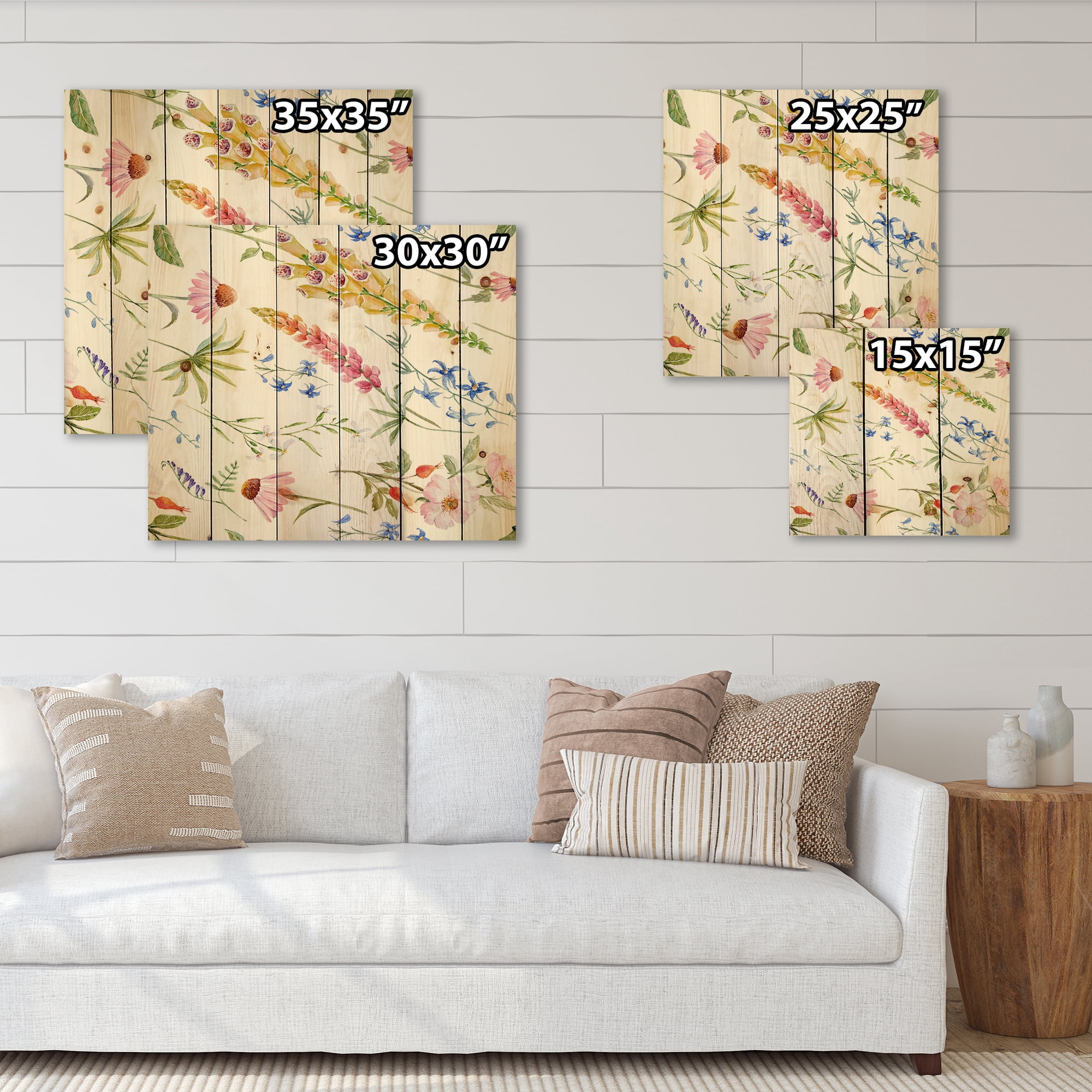 Designart 'Vibrant Summer Wildflowers On White I' Traditional Print on Natural Pine Wood