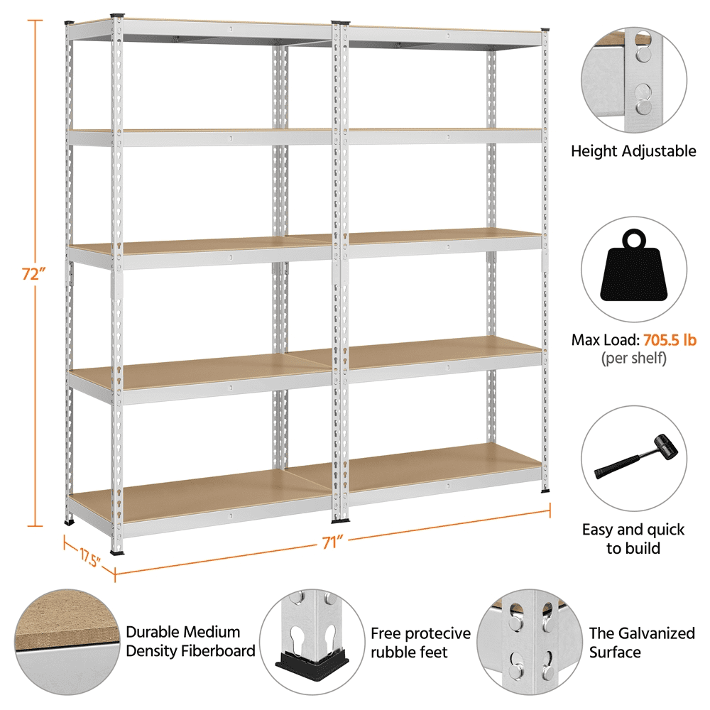 Alden Design 5-Shelf Boltless & Adjustable Steel Storage Shelf Unit, Silver, Holds up to 705 lb Per Shelf, 2 Pack