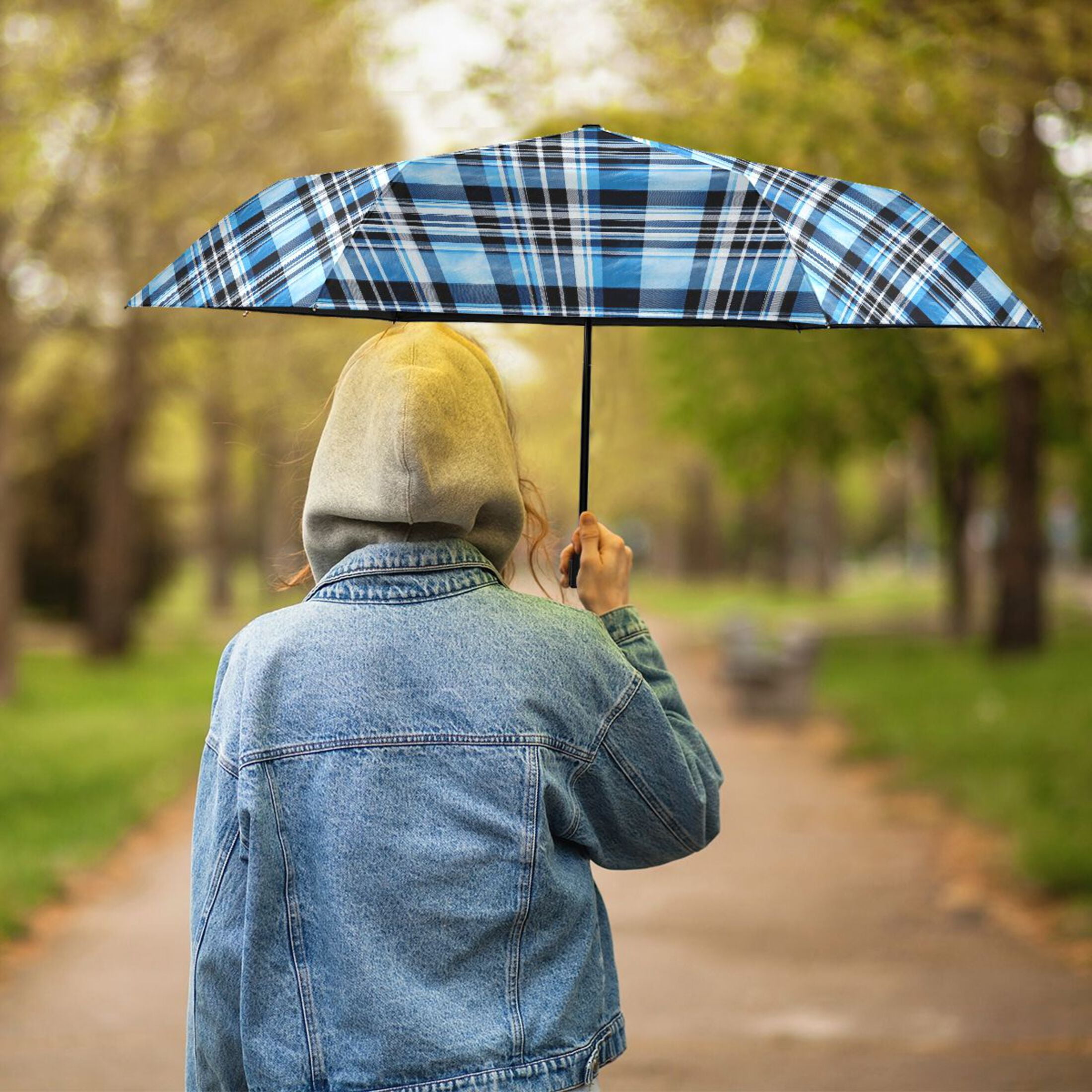 Blue and Black Plaid Compact Sun Umbrella Windproof Travel Umbrellas for Rain Strong Portable UV Protection