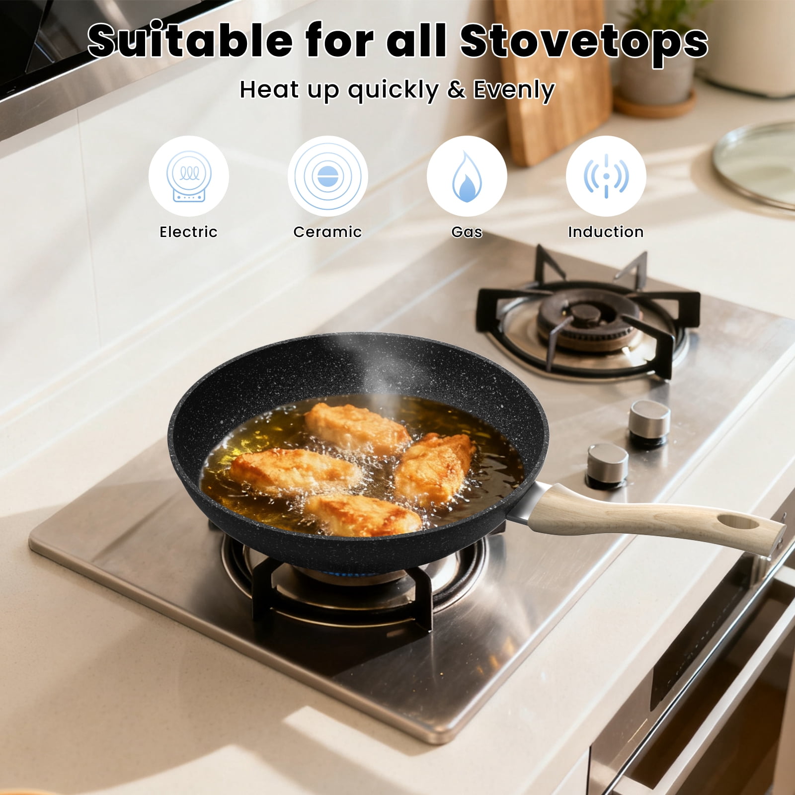 Nonstick Frying Pans Skillet with Lid, 10" Granite Fry Pans, Aluminum Omelet Egg Pan with Bakelite Handle, Compatible with All Stovetops (Gas, Electric & Induction)