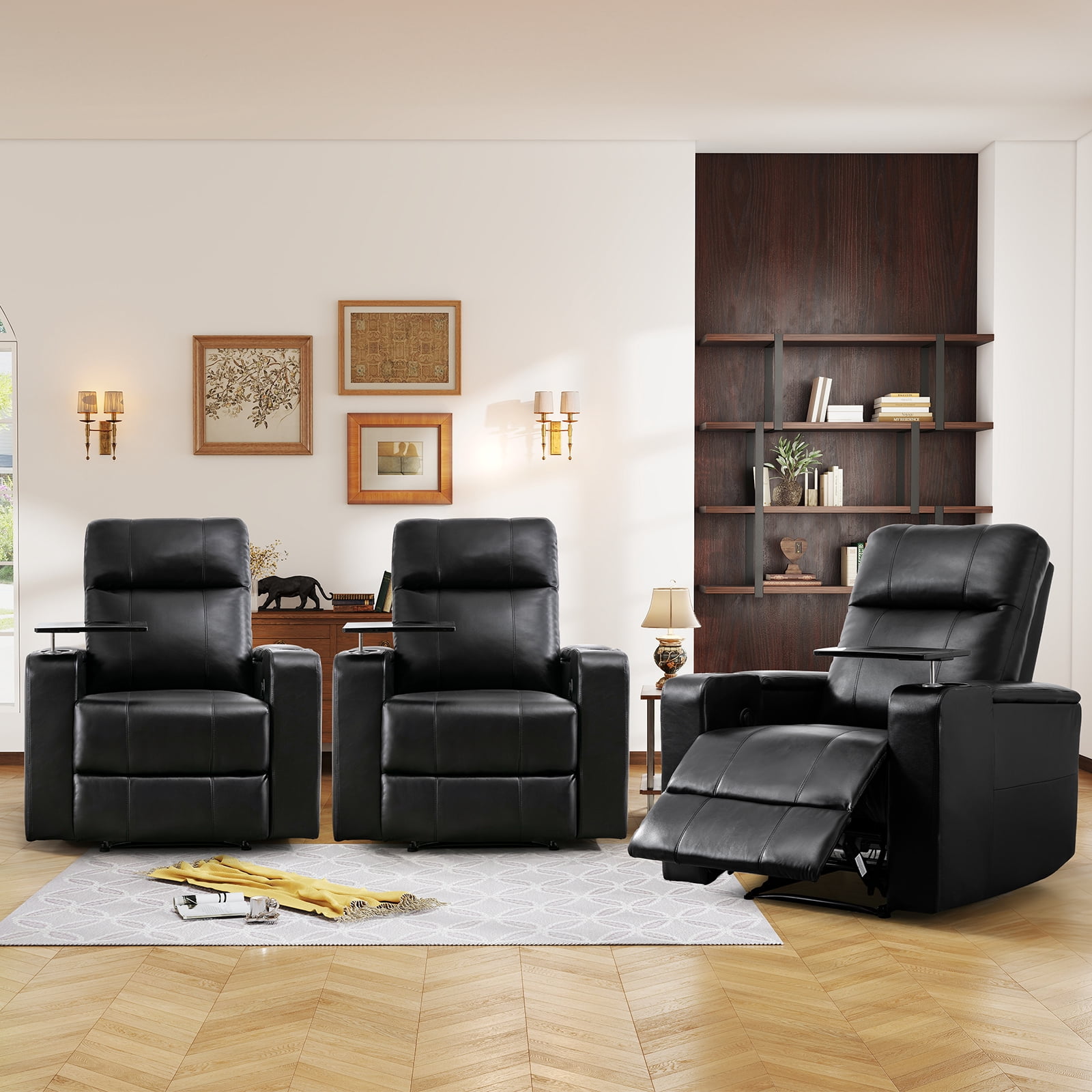 Bonzy Home Electric Power Recliner Chair Set of 3, Leather Home Theater Seating with Swivel Tray Cup Holders USB Port & Hidden Storage, Reclining Chair Sofa Furniture for Movie Room, Black