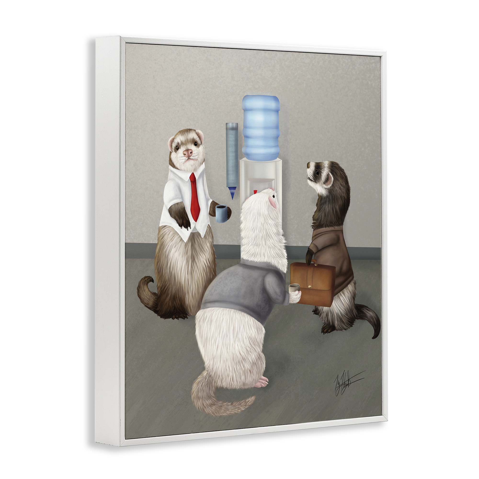 Stupell Industries Office Ferrets Water Cooler Animals & Insects Painting White Framed Art Print Wall Art, 24 x 30