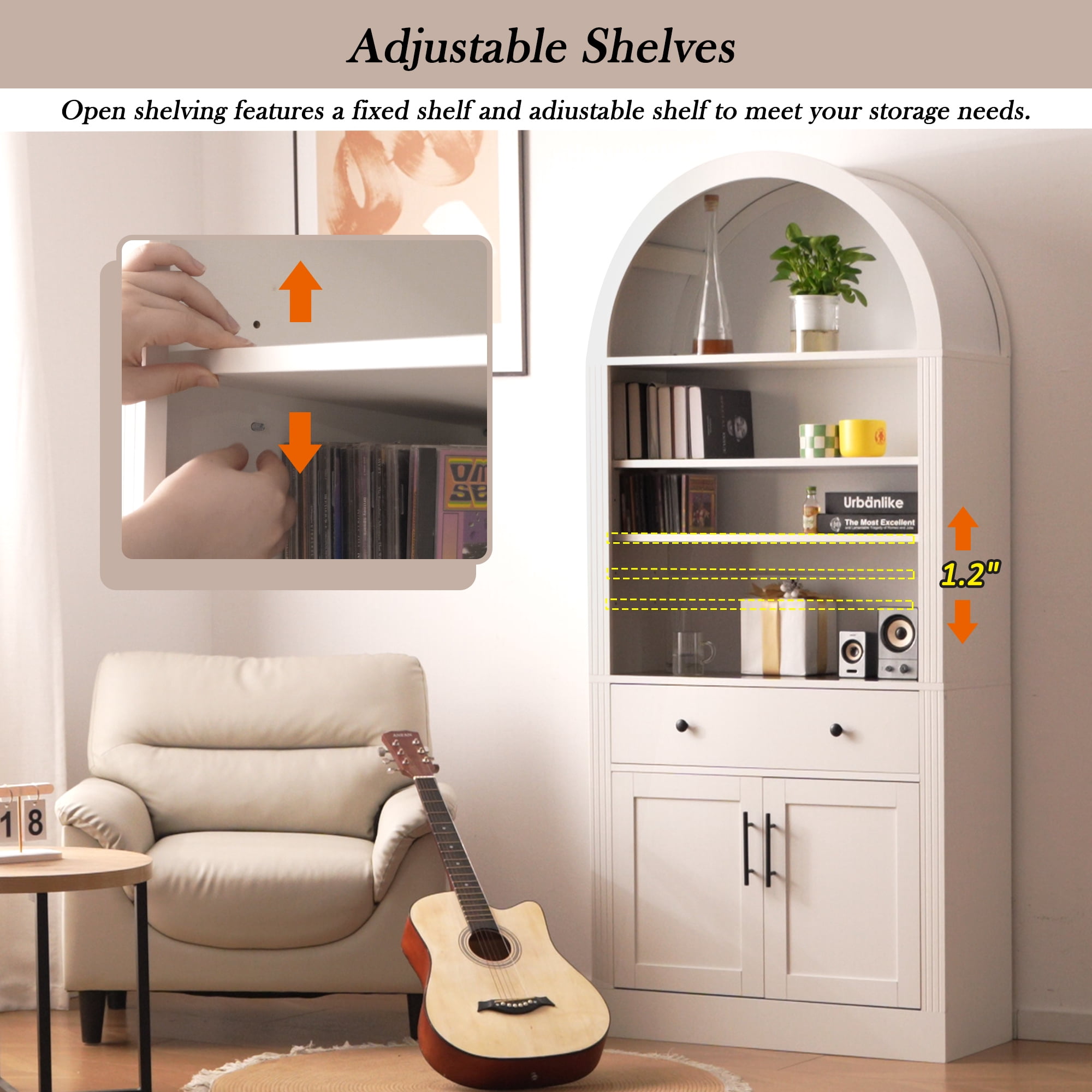 71" Tall Arched Bookshelf with Storage Cabinet, 2 Piece Display Bookcase with Drawer Doors and Adjustable Shelves