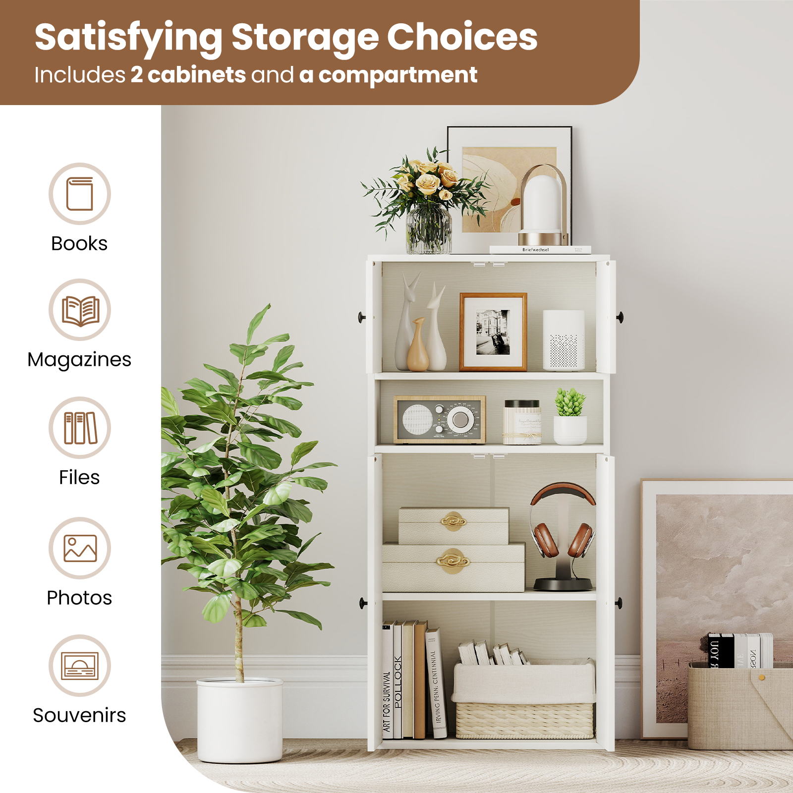 Gymax 44'' Tall Bookshelf w/Doors & Adjustable Shelf for Study Living Room Dining Room
