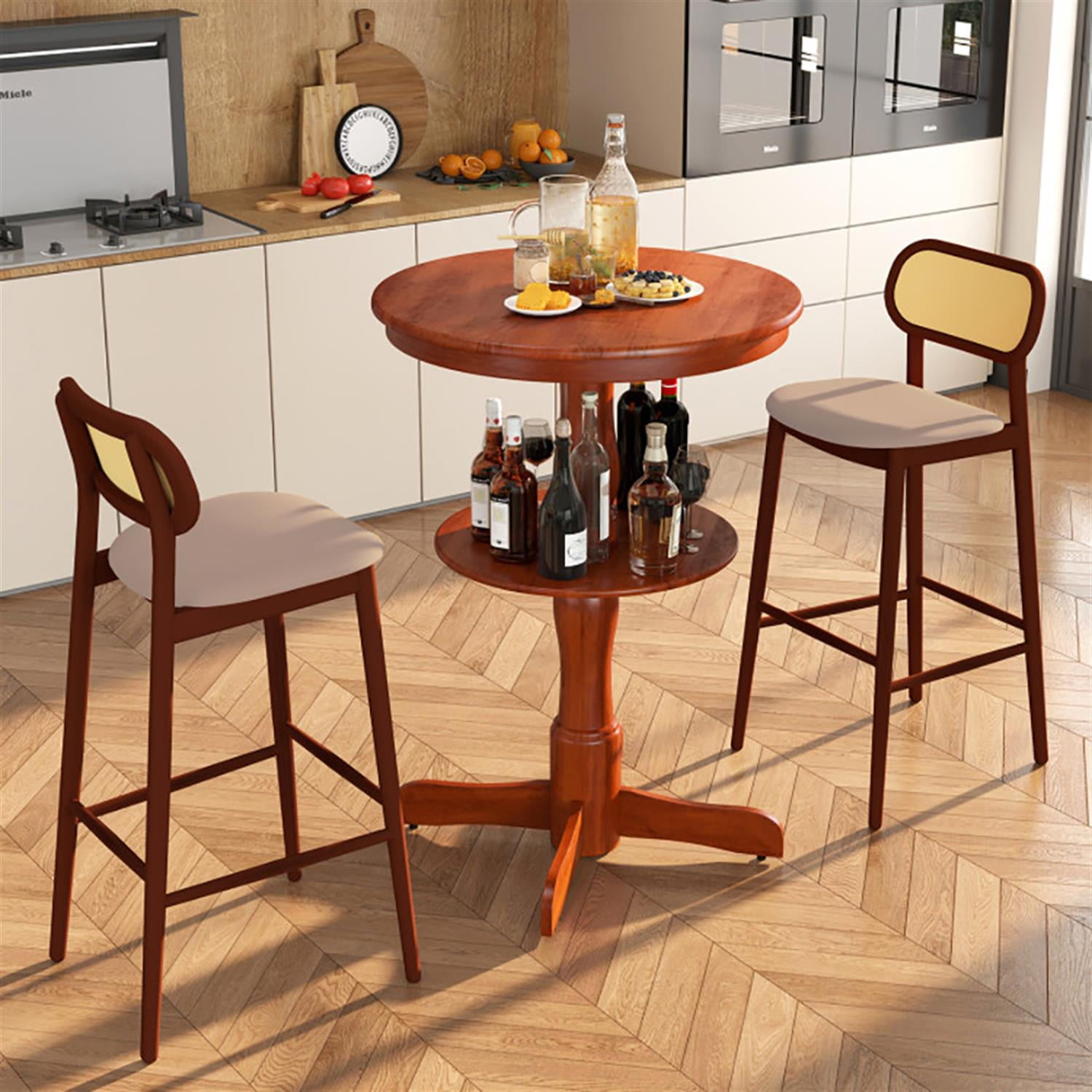 Demi Bonn 29" Pub Table, 2-Tier Round High Top Bar Table with Storage Shelf and Pedestal Base, Perfect for Small Space, Brown