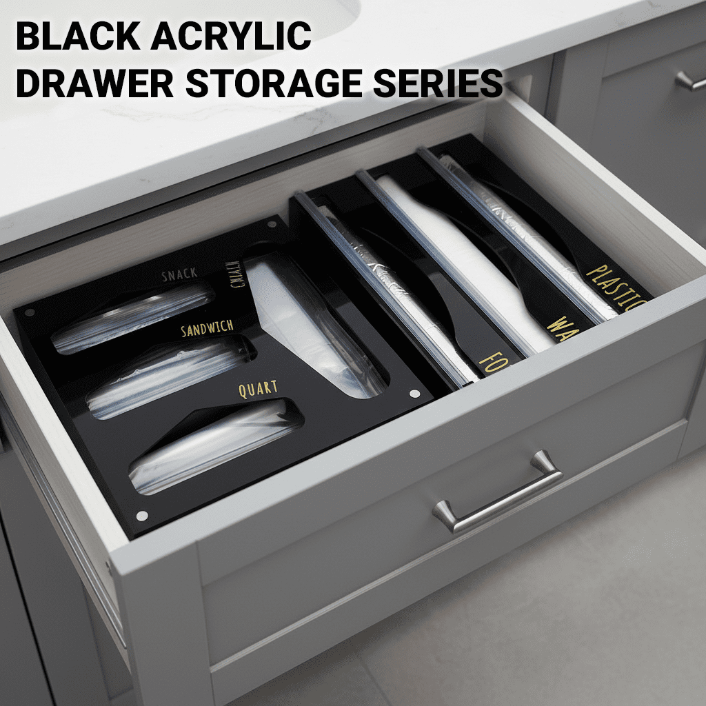 OnDisplay Luxe Acrylic Kitchen Drawer Zip Food Storage Bag Organizer (Black)