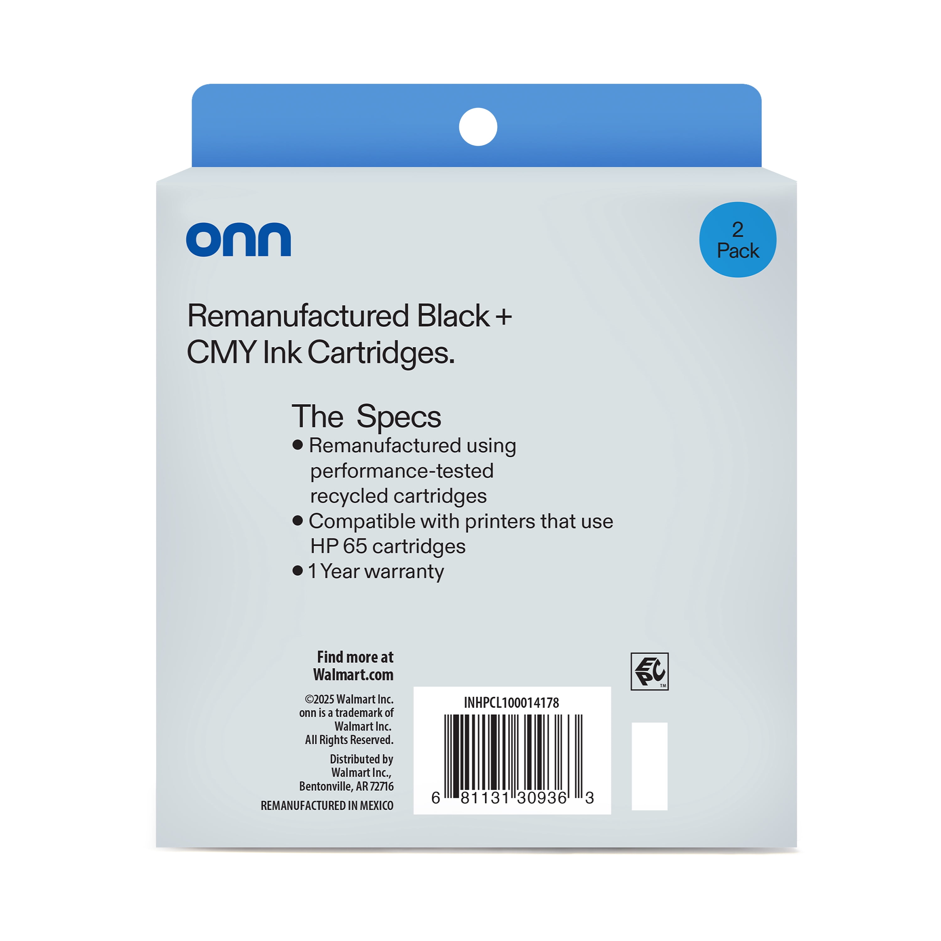 onn HP 65XL/65 High Yield Black & Tri-Color, 2 Pack Ink Cartridge (Remanufactured)