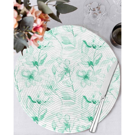 15 Inch Round Placemats Set of 4, Green Flower Non Slip Heat Insulation PP Table Mats, Watercolor Floral Botanical Line Drawing Print Washable Place Mats for Kitchen Dining Party Table Decor