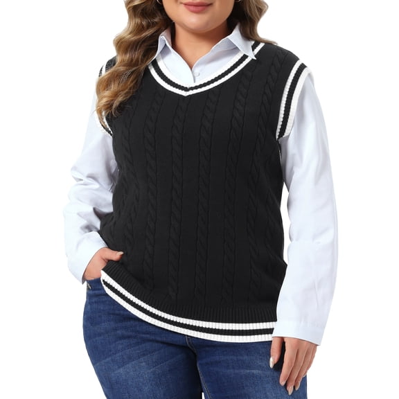 Agnes Orinda Women's Plus Size Sweater Vest Cable Knit V Neck Sleeveless Preppy Style Casual Pullover Tank 4X Black