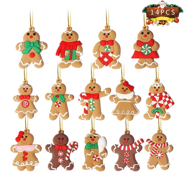 Paquete de 14 adornos de hombre de jengibre para decoraciones de árbol de Navidad, adornos colgantes de jengibre de 3 pulgadas de alto, adorno de árbol de Navidad, decoraciones navideñas
