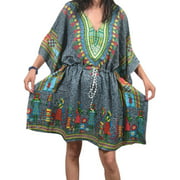 Mogul Womens Kaftan Top Dashiki Print African Grey Beach Cover Up Caftan Dress