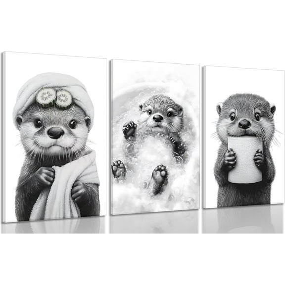 Cute Otter Canvas Wall Art Funny Bathroom Paintings Pictures Wall Decor Black And White Animal Poster Printing Artwork for Home Farmhouse Toilet Lavatory Bathroom(Framed canvas)