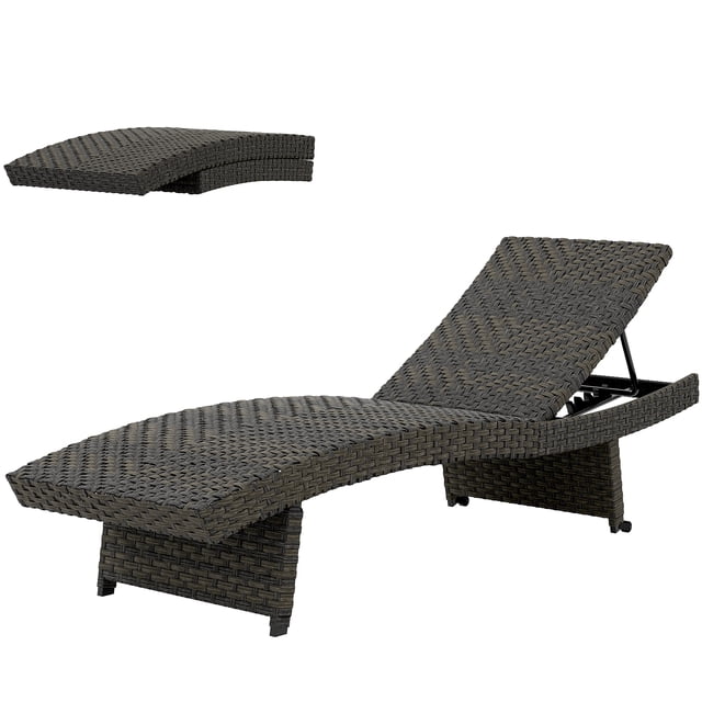 Outsunny Chaise Longue Inclinable d'Extérieur Pliante en Rotin avec Dossier Réglable à 5 Niveaux, Roues pour Jardin, Patio, Brun Mélangé