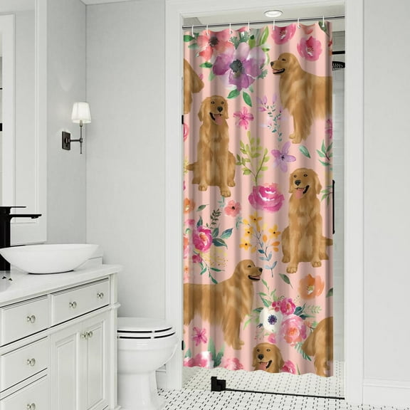 Golden Retriever with Flowers Shower Curtain 36x72in ,Bathroom Decorative Shower Curtains Set with 12 Hooks,Modern Waterproof Washable Shower Curtain