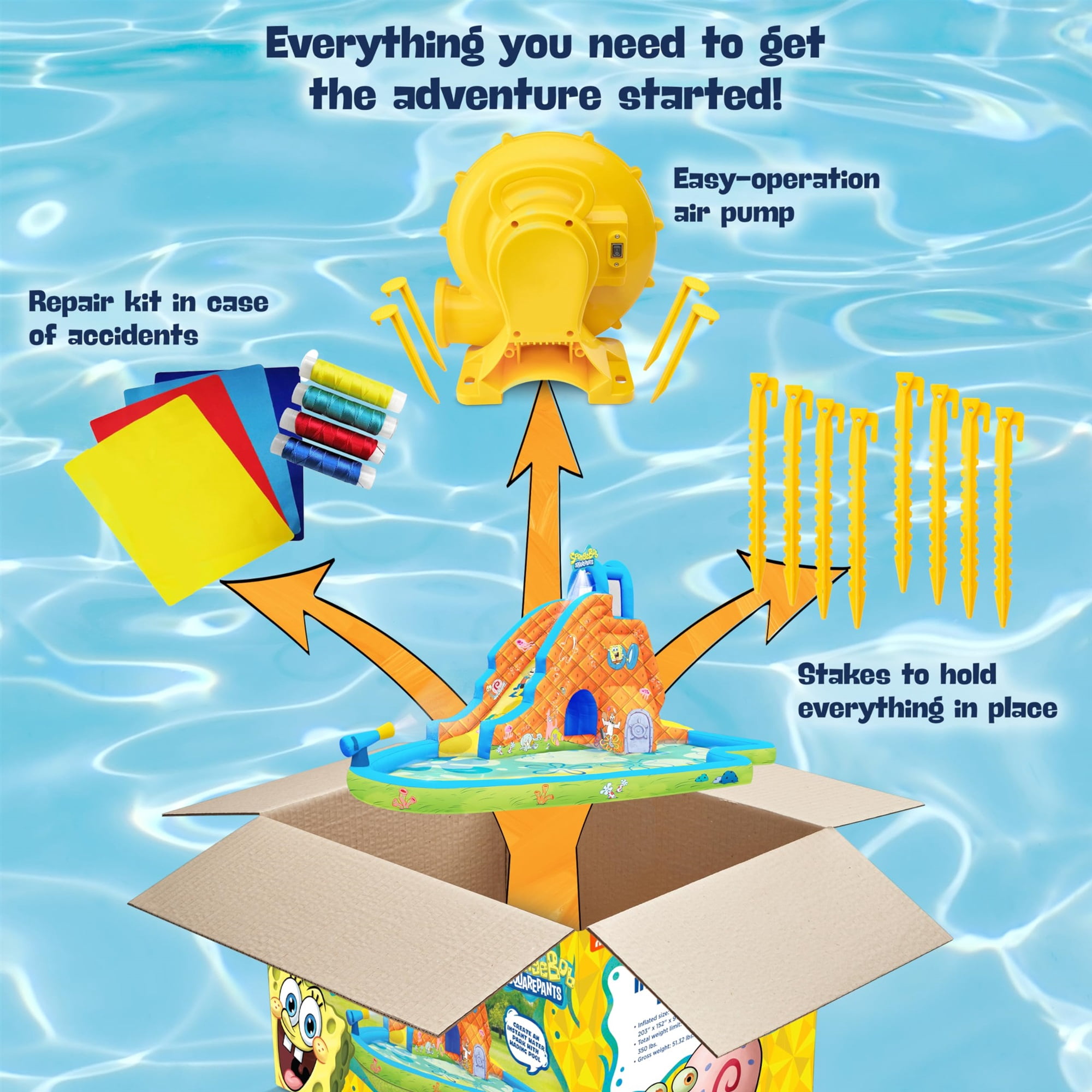 Sunny & Fun Fun SpongeBob Inflatable Waterslide with Climbing Wall, Splash Pool, and Blower