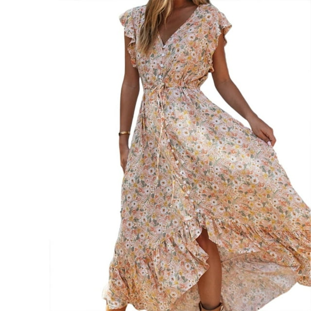 Mode Femmes V-Cou Manches Courtes Asymétrique Imprimé Floral Robe Longue Maxi Robe