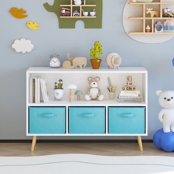 Bananova Kids Storage Cabinet with Fabric Bins, Toy Organizer Shelf with 3 Drawers, Children Storage Unit with Pine Legs for Playroom Bedroom, Blue