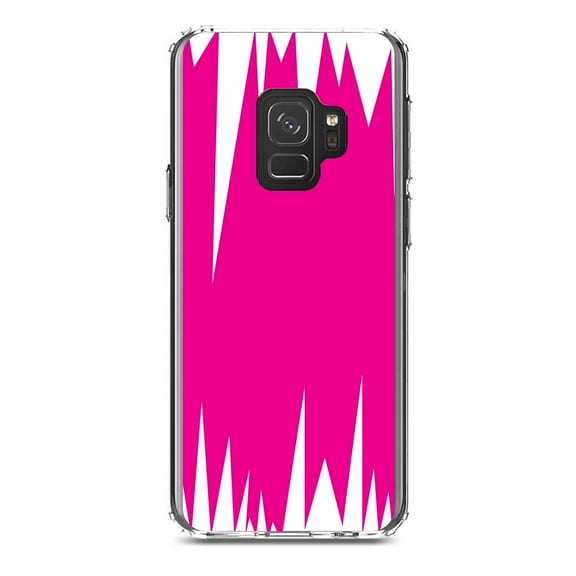 DistinctInk Clear Shockproof Hybrid Case for Samsung Galaxy S9 (5.8" Screen) - TPU Bumper, Acrylic Back, Tempered Glass Screen Protector - Neon Pink White Spikes