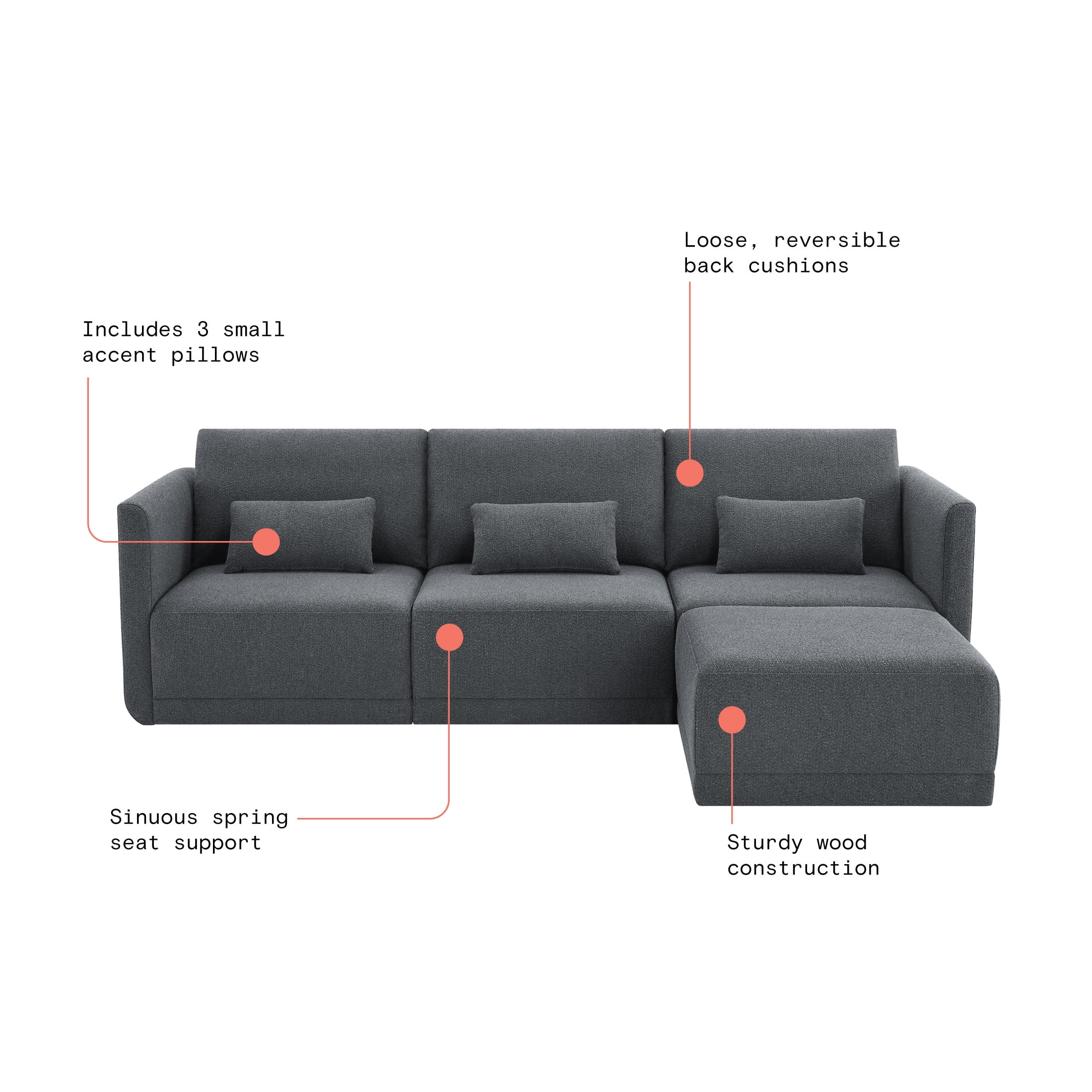 Beautiful Drew Modular Sectional Sofa with Ottoman by Drew Barrymore, Charcoal