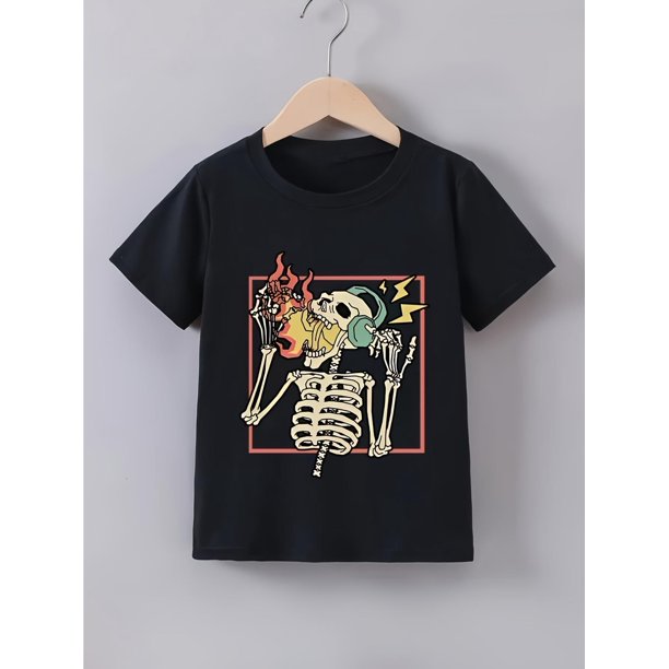 Halloween T-shirt -Casual Short Sleeve Tee with Fiery Skeleton Design, Perfect for Halloween Celebrations & Casual Attire, Halloween Shirts, Playful Kids Design, Comfortable Kids Wear