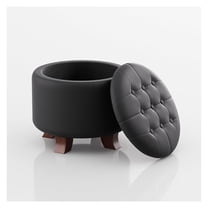 WDZS Round Ottoman with Storage, 20 Dia. x 17 H Inches PU Leather Footstool with Legs, Small Foot Rest Ottoman for Bedroom, Living Room, Decorative Home Furniture, Black