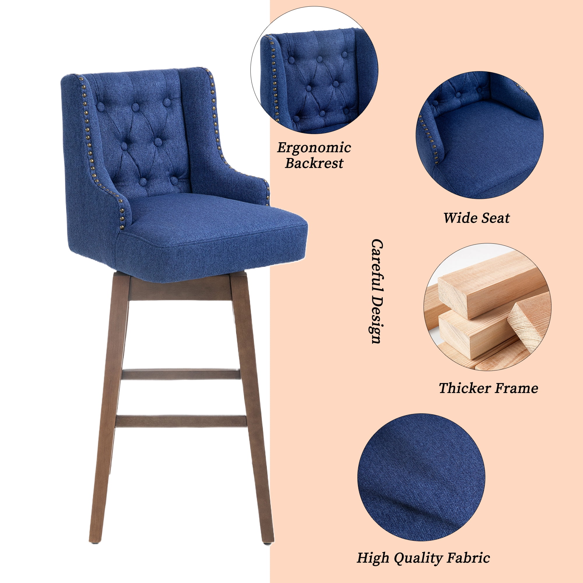 MOONMISS Linen Upholstered Tufted Wood Frame 360°Swivel Nailhead Bar Stools(set of 2)-Navy Blue