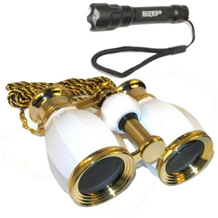HQRP 4x30 White pearl Opera Glass Binocular 4x Extra High Magnification + Compact Ultra Bright Flashlight by