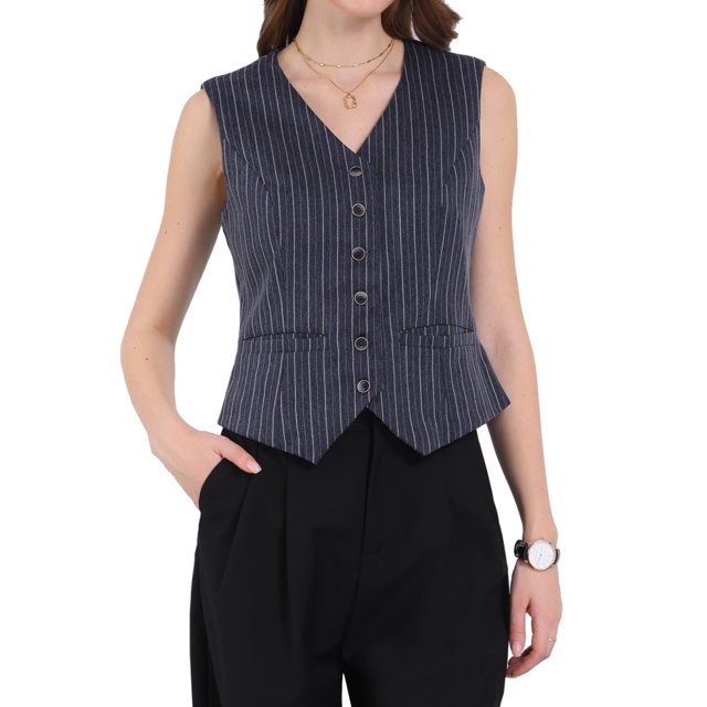 CHALECO FORMAL DE BOTONES PARA MUJERES INSPIRADO EN CHIC CON ESCOTE EN V Y RAYAS VINTAGE TALLA M 2