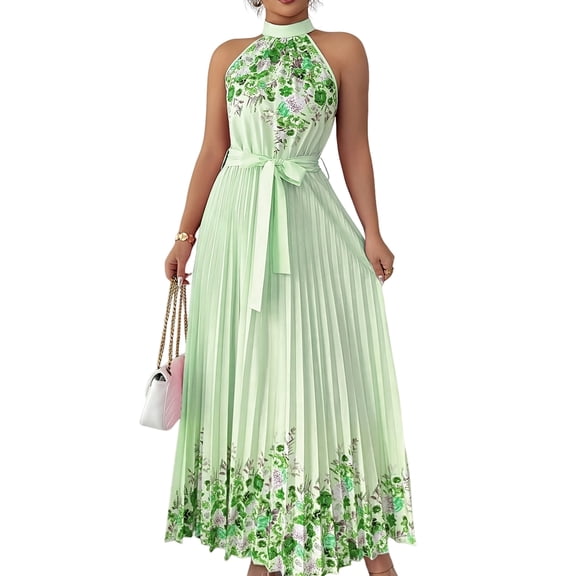 Jaimenalin Women Elegant Floral Halter Maxi Dress Classy Pleated A Line Flowy Summer Wedding Guest Dress Light Green M