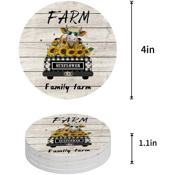 KXMDXA Farm Family Sunflower Cattle Sunflower on Old Car Set of 6 Round Coaster for Drinks, Absorbent Ceramic Stone Coasters Cup Mat with Cork Base for Home Kitchen Room Coffee Table Bar Decor