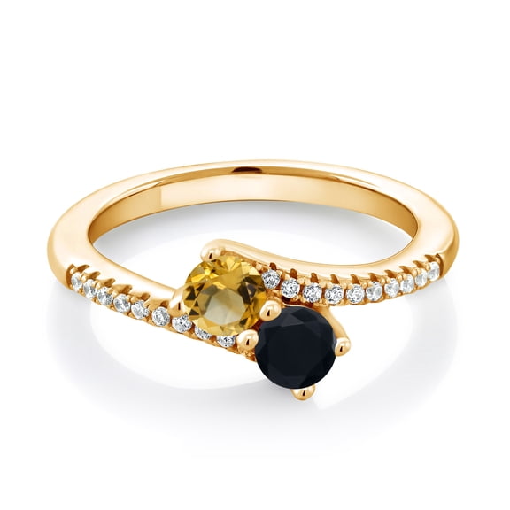 Gem Stone King 18K Yellow Gold Plated Silver Yellow Citrine and Black Onyx Bypass Ring for Women (0.72 Cttw, Gemstone November Birthstone, Round 4MM, Size 8)