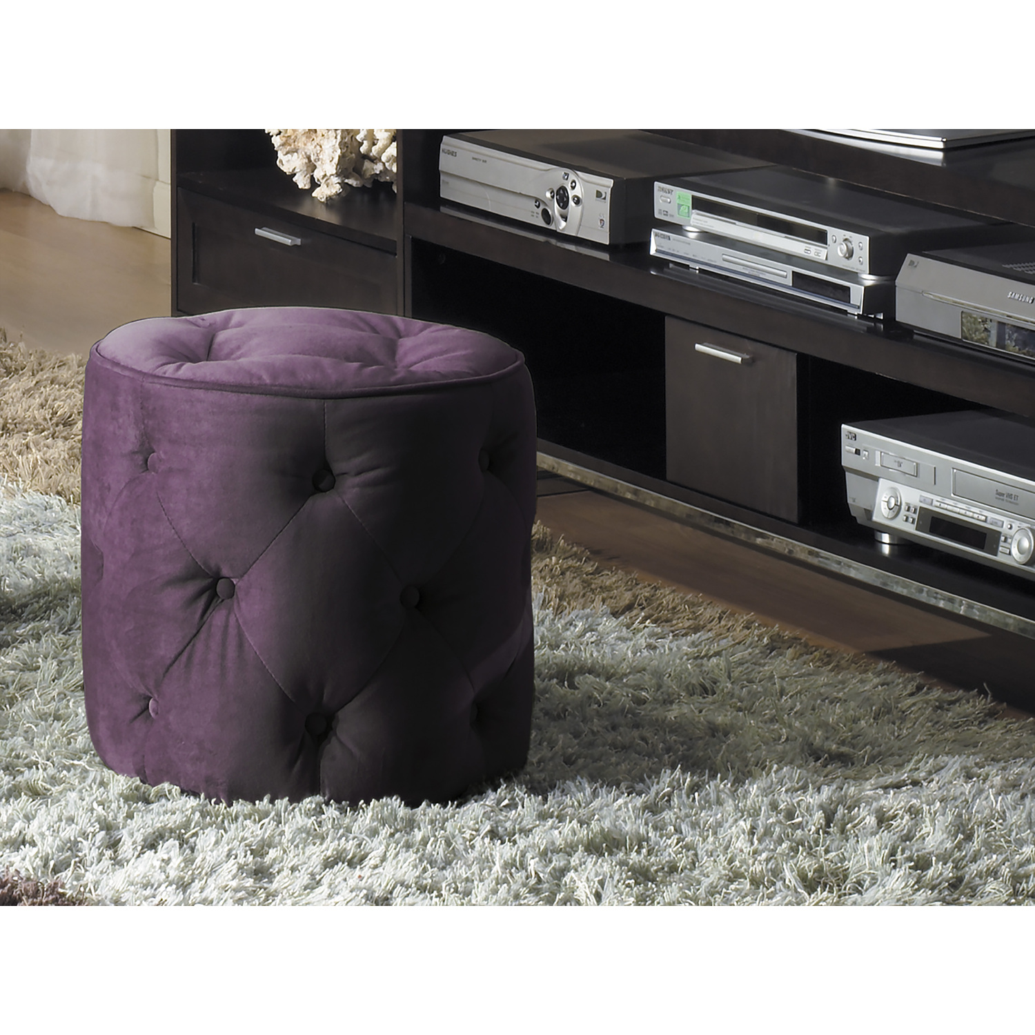 OSP Home Furnishings Curves Tufted Round Ottoman in Chocolate Velvet Fabric with Solid Wood Legs - image 2 of 2
