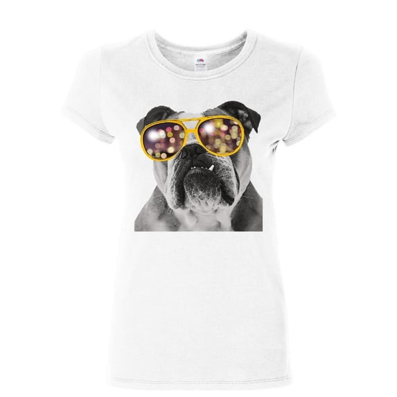 Tee Hunt Bulldog Wearing Glasses Women's T-Shirt Cute Dog Swag Pet Lovers Urban Shirt, White, 3X-Large