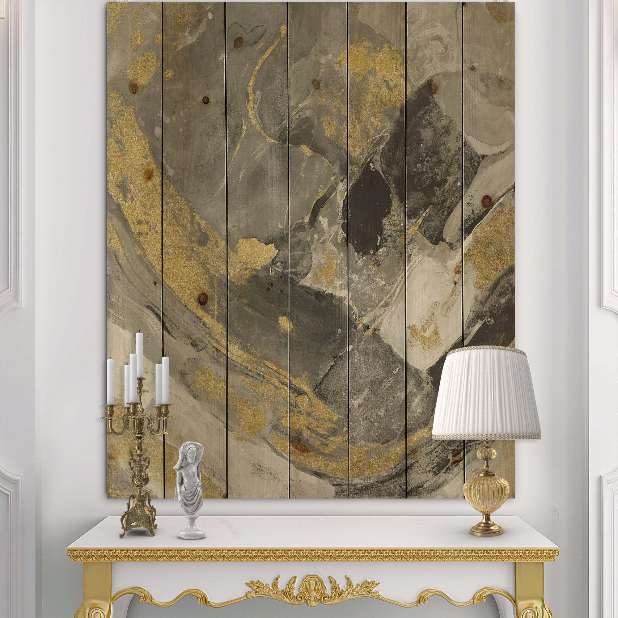 Designart 'Marble Black and Gold II' Modern & Contemporary Print on Natural Pine Wood