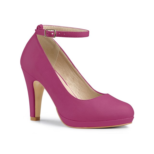 BLISSFUL STEP Chaussures pour Femmes Bout Rond Talon Aiguille Bride à la Cheville Escarpins Rose Vif 7