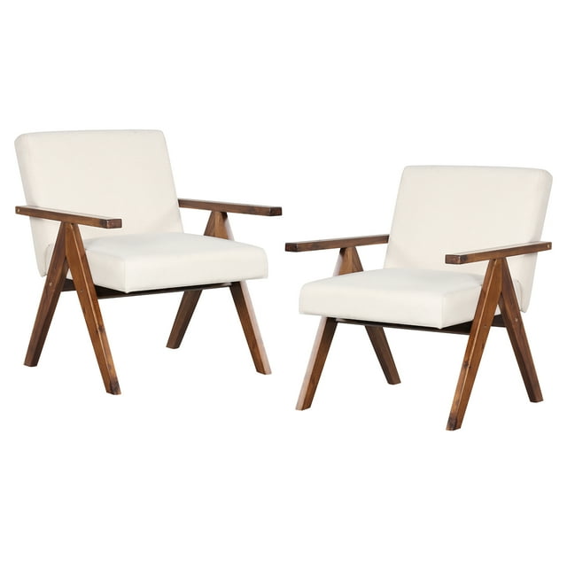 Costway 2 PCS Modern Accent Chair Linen Fabric Armchair with Solid Acacia Wood Frame Beige