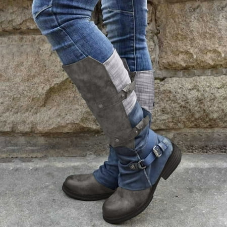 

Alueeu Women s Mid-Calf Boots Retro Women Solid Color High Heels Buckle Strap Middle Tube Booties Round Toe Shoes