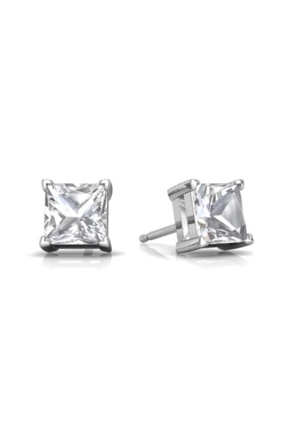 14Kt White Gold White Sapphire Princess Cut Stud Earrings