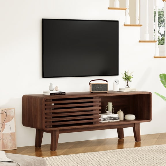 Hommoo Mid Century Modern TV Stands up to 59", Wooden Home Entertainment Center TV Console Cabinet with Sliding Tambour Door, Walnut