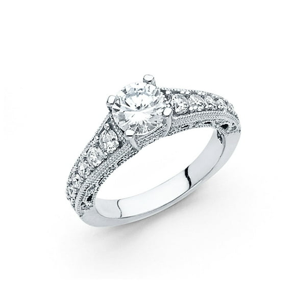 CZ Vintage Style Solitaire Engagement Ring 14k White Gold Anniversary Round CZ Band Side Stones Size 7