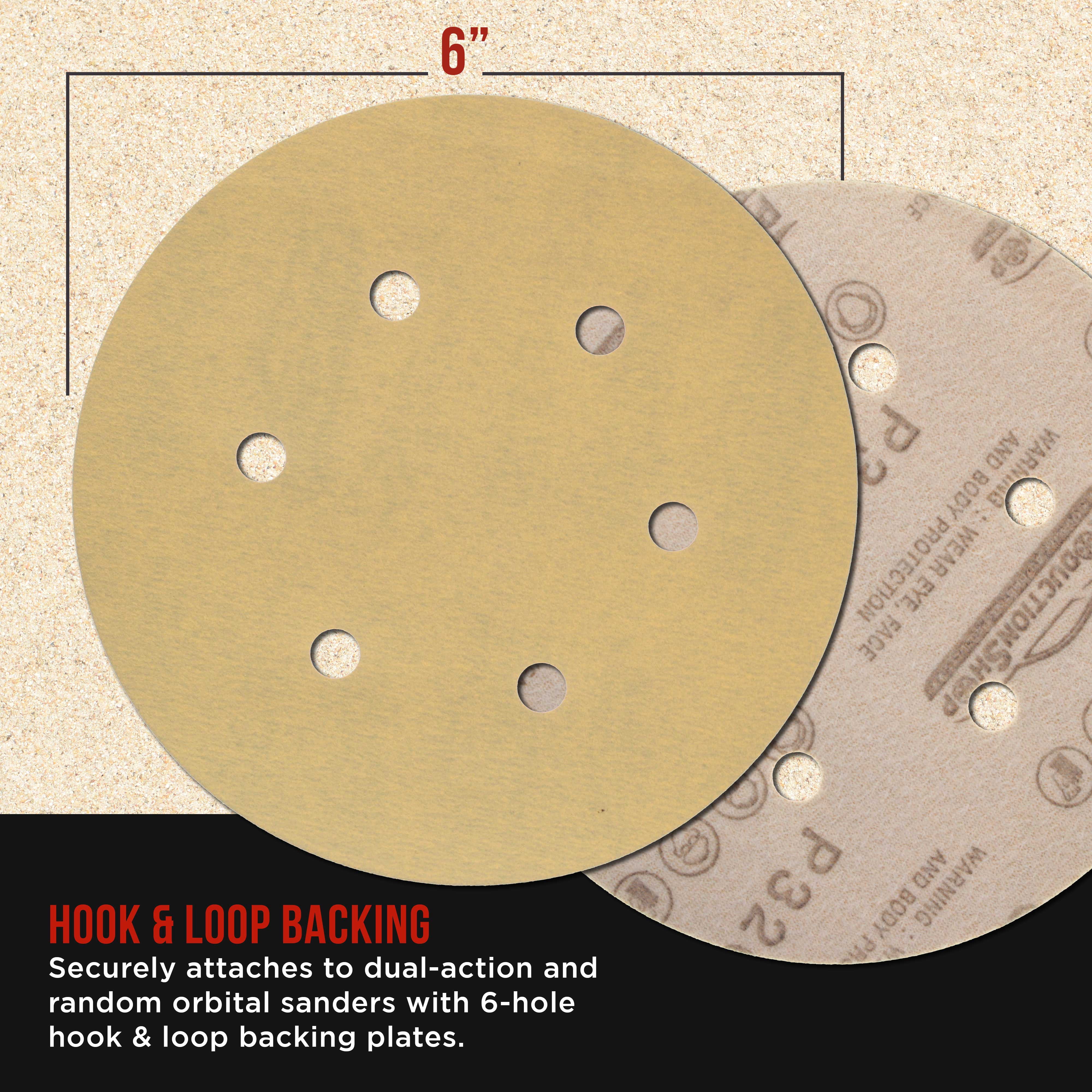 ProductionShop Premium 320 Grit 6" Gold Sanding Discs, 6-Hole Pattern, Box of 100 - Dustless Hook & Loop Backing Sandpaper for DA & Random Orbital Sanders, Sand Auto Paint, Wood Woodworking Furniture