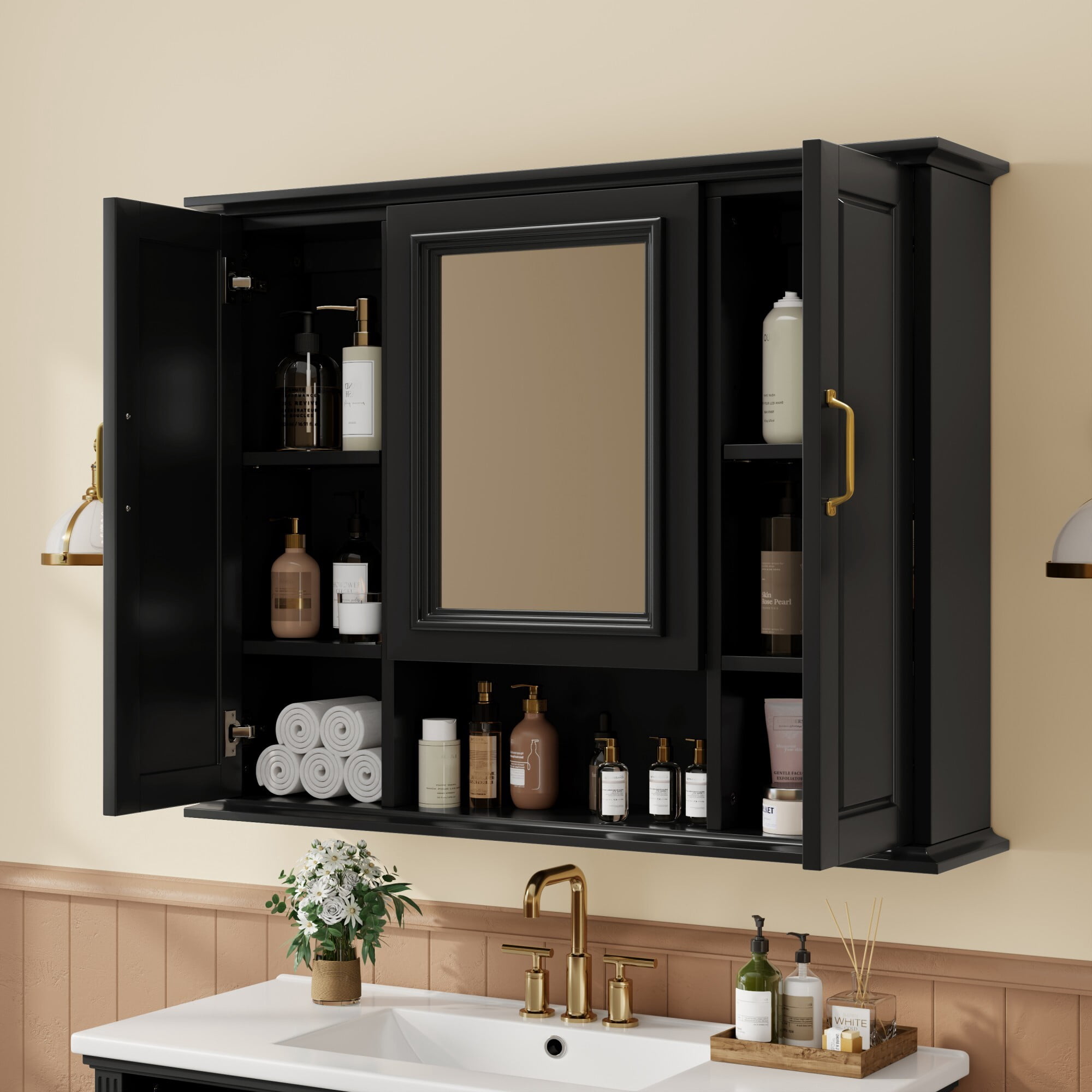 DEALTOPS 36" Bathroom Mirror Cabinet with Storage, Adjustable Shelves, Modern Wall-Mounted Medicine Cabinet in Black