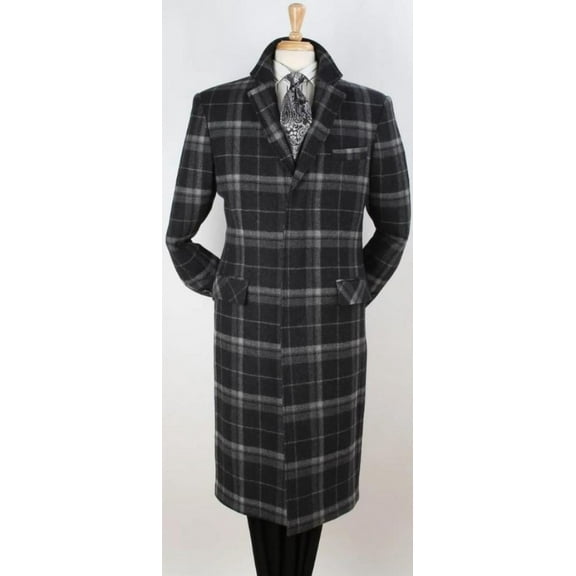 Men's 100% Wool Full Length Length Top Coat - Hidden Button Solid Black