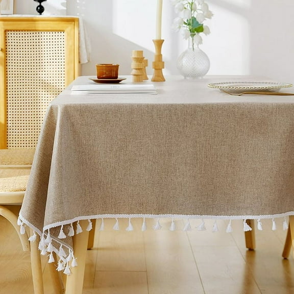 XmhyTop Washable Cotton Linen Tablecloths Dust-Proof Table Cover Fabric Tassel Tablecloth for Kitchen Dinning Tabletop Home Decoration Everyday Use (Rectangle/Oblong, 55 x 86.6Inch, Linen，Coffee)