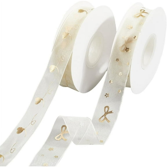 2 Styles 1 Inch White Organza Gold Flower Print Transparent Ribbon Love Heart Yarn Ribbons with Spool for Sewing Making Gift Wrapping Wedding Bouquets Crafts colorful DIY