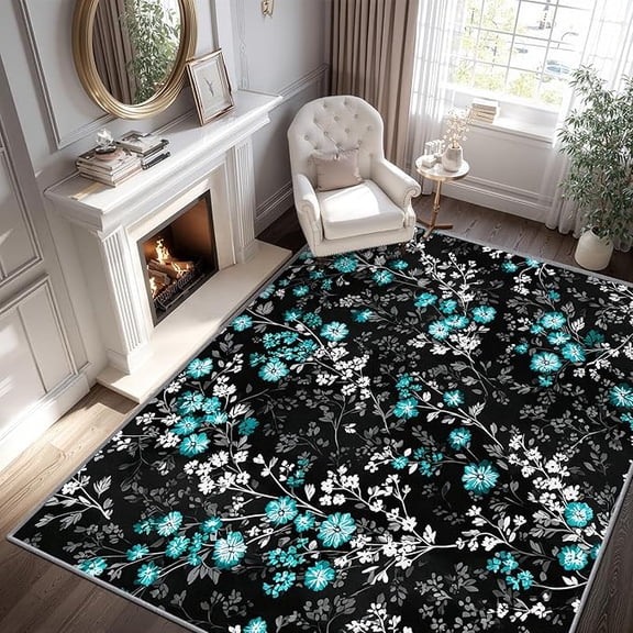 Vintage Floral Rugs for Living Room , Teal and White Floral Rug, Turquoise Flower Area Rug, Botanical Farmhouse Washable Door Mat,Elegant Shabby Chic Home Decor 1x2ft
